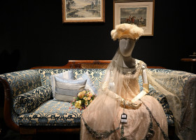 Lily James (as Lady Rose): Presentation pale pink lace costume and headdress - Downton Abbey The Auction - Bonhams central London