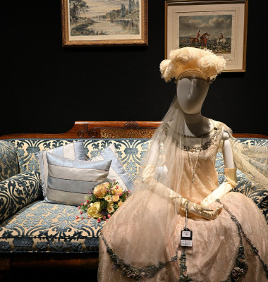 Lily James (as Lady Rose): Presentation pale pink lace costume and headdress - Downton Abbey The Auction - Bonhams central London