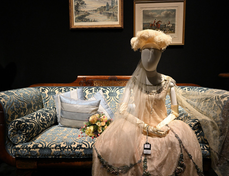 Lily James (as Lady Rose): Presentation pale pink lace costume and headdress - Downton Abbey The Auction - Bonhams central London