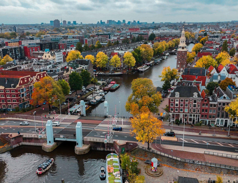 Aerial,Drone,View,Amsterdam,Autumn,Cityscape,Narrow,Old,Houses,,Canals,