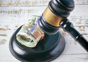 Cost of Justice: Rolled US Dollars Underneath Judge&apos;s Gavel on Rustic Surface