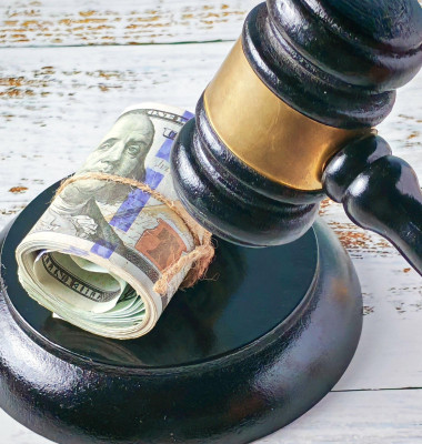 Cost of Justice: Rolled US Dollars Underneath Judge's Gavel on Rustic Surface