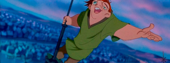 personajul animat quasimodo sta agatat de notre dame cu mana intinsa si canta