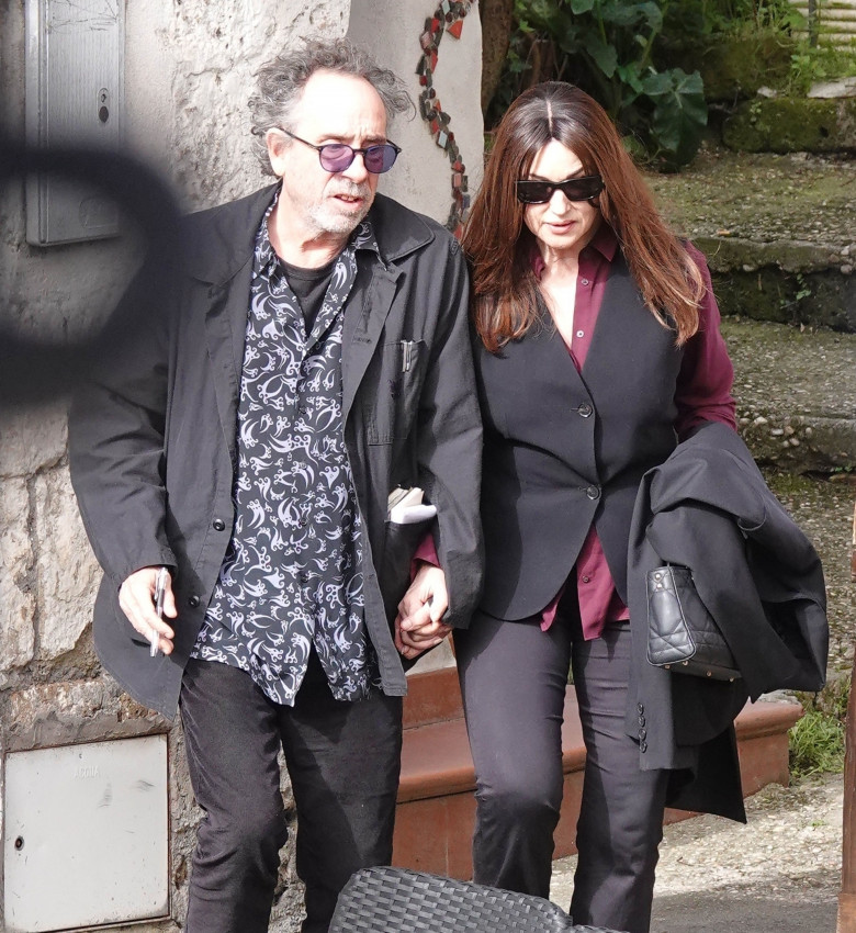 *EXCLUSIVE* WEB MUST CALL FOR PRICING  - Monica Bellucci and Tim Burton pack on the PDA as they enjoy a little fine Italian dining during their romantic trip to Calcata.*PICTURES TAKEN ON 30/03/2024*