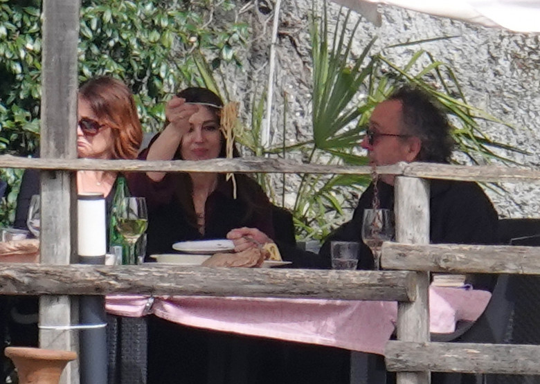 *EXCLUSIVE* WEB MUST CALL FOR PRICING  - Monica Bellucci and Tim Burton pack on the PDA as they enjoy a little fine Italian dining during their romantic trip to Calcata.*PICTURES TAKEN ON 30/03/2024*