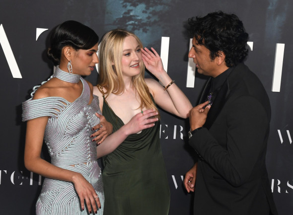 Ishana Night Shyamalan, Dakota Fanning and M. Night Shyamalan attends the world premiere of "The Watchers" at AMC Lincoln Square Theater on June 02, 2024 in New York City. Jackie Brown