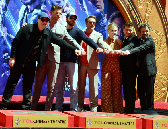 HOLLYWOOD, CALIFORNIA - APRIL 23: The Cast of 'Avengers: Endgame' Cast Place Their Hand Prints In Cement At TCL Chinese Theatre IMAX Forecourt at TCL Chinese Theatre IMAX on April 23, 2019 in Hollywood, California