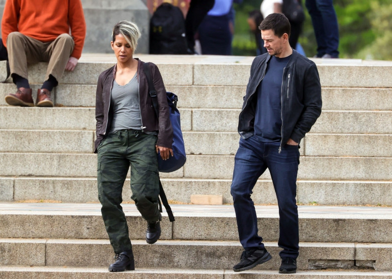 American actress Halle Berry and Mark Wahlberg are pictured on location in Hyde Park filming scenes for the new Netflix film Our Man From Jersey.