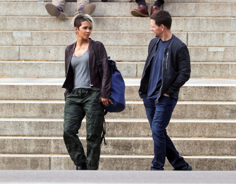 American actress Halle Berry and Mark Wahlberg are pictured on location in Hyde Park filming scenes for the new Netflix film Our Man From Jersey.