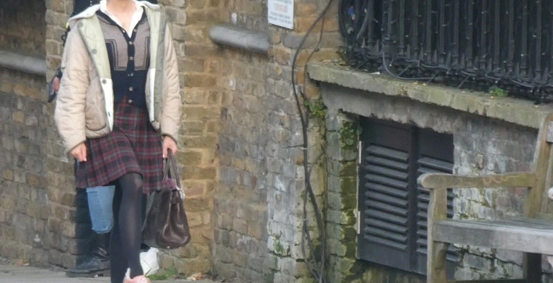 Hollywood star Renee Zellweger and British actress Leila Farzad film at a bus stop in Camden on the set of 'Bridget Jones: Mad About the Boy'