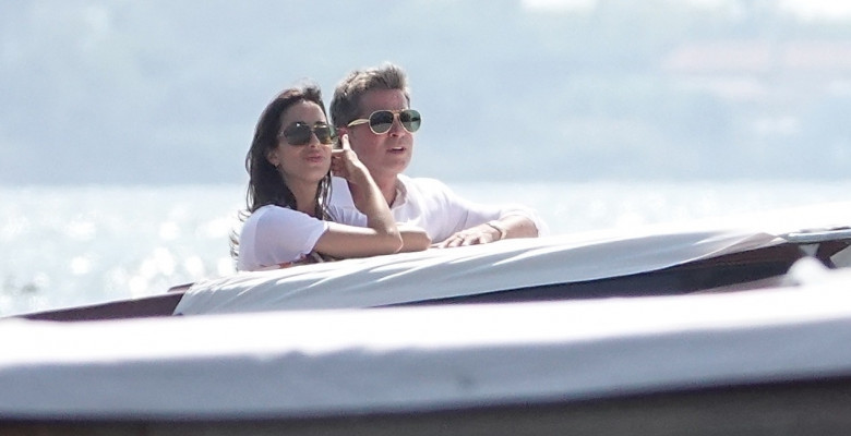 *EXCLUSIVE* Hollywood star Brad Pitt and his new girlfriend Ines de Ramon arriving by taxiboat to the 81st Venice International Film Festival