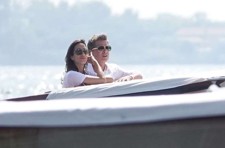 *EXCLUSIVE* Hollywood star Brad Pitt and his new girlfriend Ines de Ramon arriving by taxiboat to the 81st Venice International Film Festival