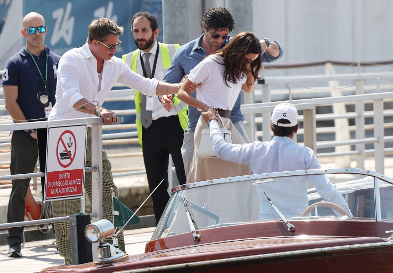 Hollywood star Brad Pitt and his new girlfriend Ines de Ramon are seen arriving at Marco Polo Airport in Venice for the 81st Venice International Film Festival