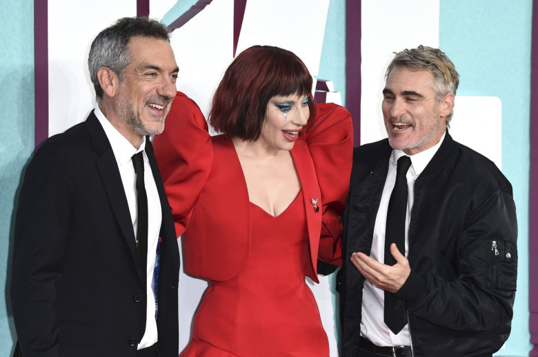 Todd Phillips, Lady Gaga și Joaquin Phoenix la premiera filmului „Joker: Folie à Deux” din Londra/ Profimedia