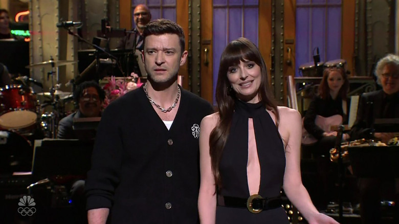 Dakota Johnson mocks Justin Timberlake’s ‘comeback’ as he crashes her Saturday Night Live opening monologue with Jimmy Fallon