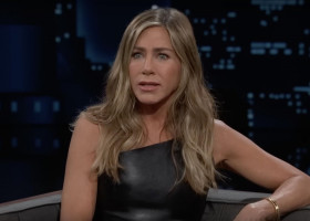 Jennifer Aniston dispels the wildest rumours ever written about her – before bringing out her cute dog Clydeo to help promote her new children’s book on Jimmy Kimmel Live!