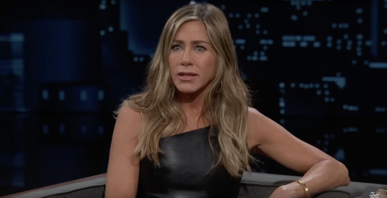 Jennifer Aniston dispels the wildest rumours ever written about her – before bringing out her cute dog Clydeo to help promote her new children’s book on Jimmy Kimmel Live!