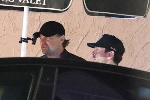 *EXCLUSIVE* Actors Leonardo DiCaprio and Tobey Maguire grab dinner with singer Stevie Wonder and his family in LA! **WEB MUST CALL FOR PRICING**