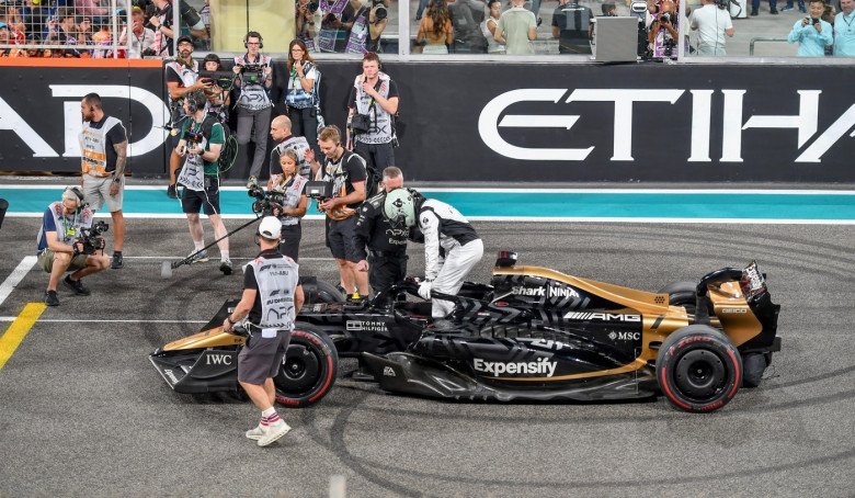 Brad Pitt and cast seen filming scenes for his latest film "F1" x at Yas Marina Circuit on December 8, 2024 in Abu Dhabi, United Arab Emirates.