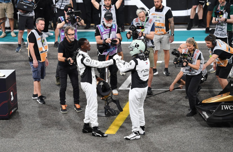 Brad Pitt and cast seen filming scenes for his latest film "F1" x at Yas Marina Circuit on December 8, 2024 in Abu Dhabi, United Arab Emirates.