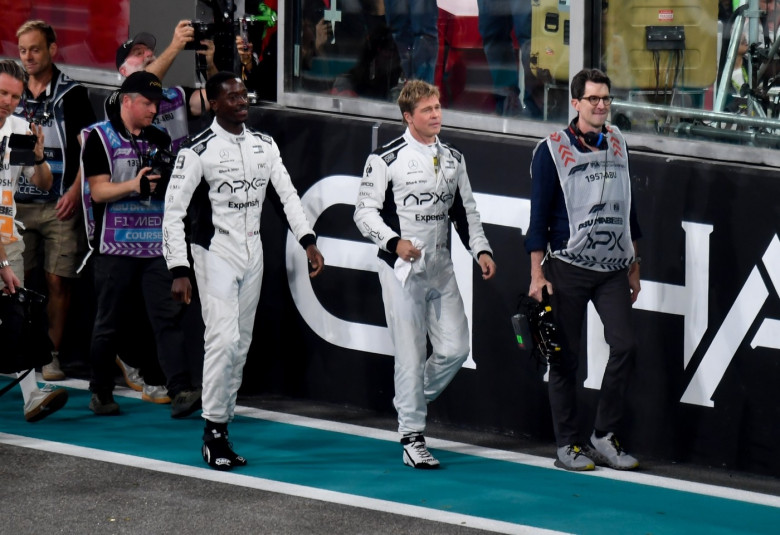 Brad Pitt and cast seen filming scenes for his latest film "F1" x at Yas Marina Circuit on December 8, 2024 in Abu Dhabi, United Arab Emirates.