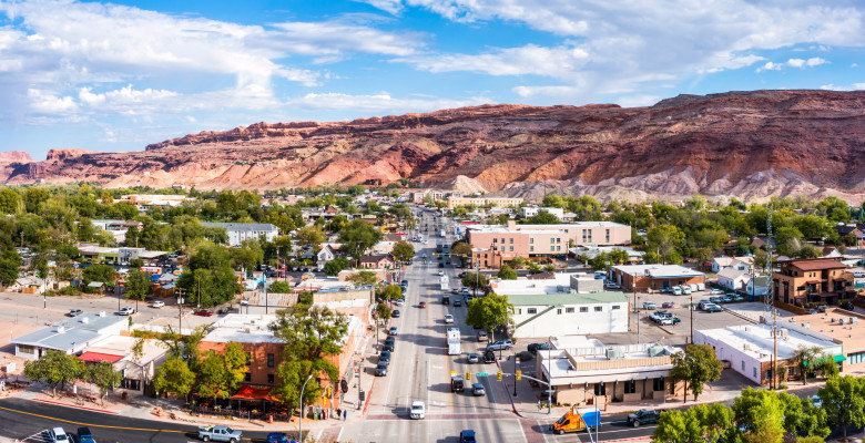 Aerial,View,Of,Moab,,Utah,Along,Main,Street.,Moab,Is