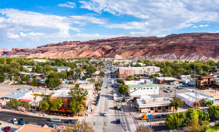 Aerial,View,Of,Moab,,Utah,Along,Main,Street.,Moab,Is