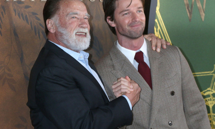 Los Angeles, USA. 10, February, 2025.   Pictured left to right, Arnold Schwarzenegger, Patrick Schwarzenegger at the White Lotus Season 3 Premiere.  Credit:  Kathy Hutchins / Alamy Live News