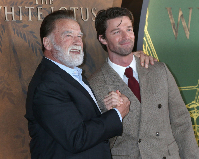 Los Angeles, USA. 10, February, 2025.   Pictured left to right, Arnold Schwarzenegger, Patrick Schwarzenegger at the White Lotus Season 3 Premiere.  Credit:  Kathy Hutchins / Alamy Live News