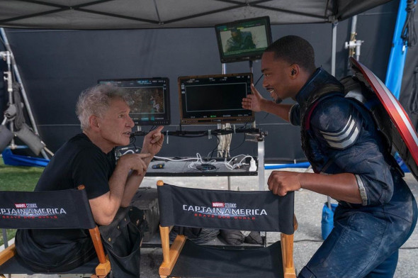 Harrison Ford and Anthony Mackie on the set of their latest film