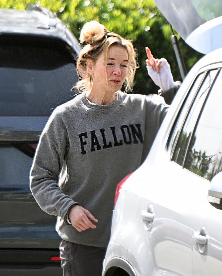 EXCLUSIVE: Renee Zellweger steps out with a messy head of hair after arriving home after doing a two week press tour around the world for her new movie