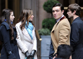 Michelle Trachtenberg and Leighton Meester film &quot;Gossip Girl&quot; at the Palace Hotel in New York City today!