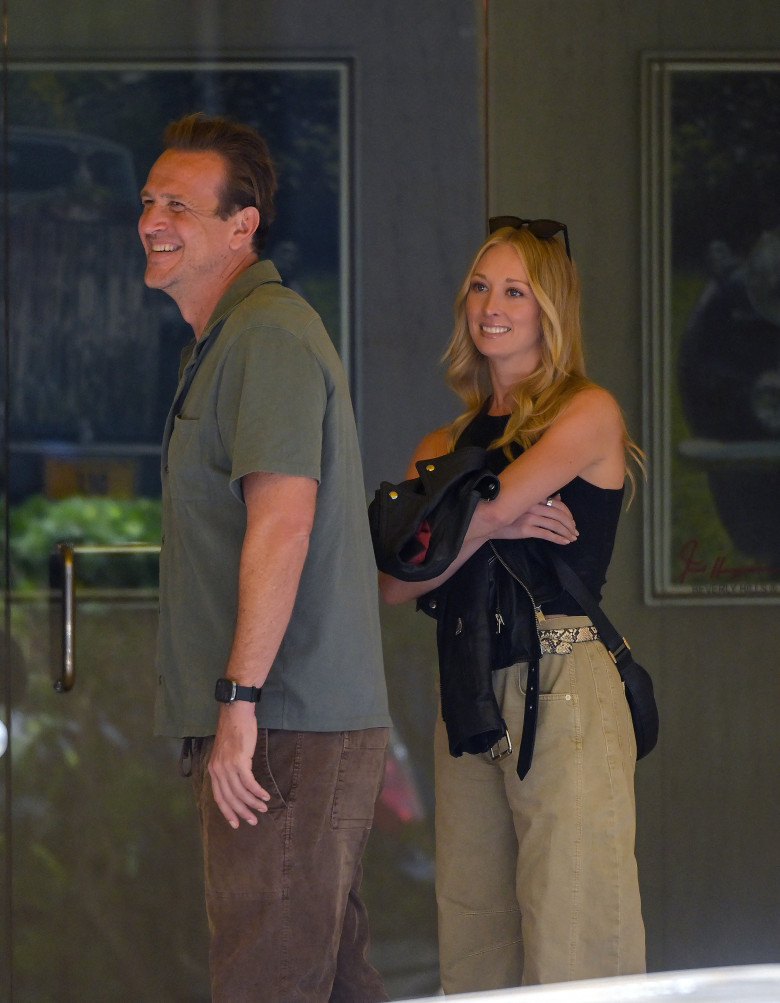 EXCLUSIVE: Newly engaged couple Jason Segel and Kayla Radomski are all smiles as they head to lunch in Beverly Hills
