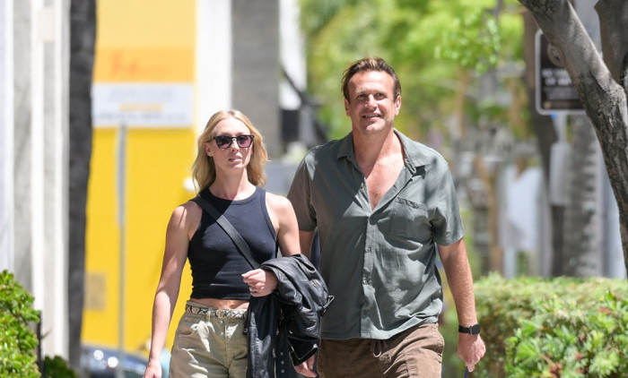 EXCLUSIVE: Newly engaged couple Jason Segel and Kayla Radomski are all smiles as they head to lunch in Beverly Hills