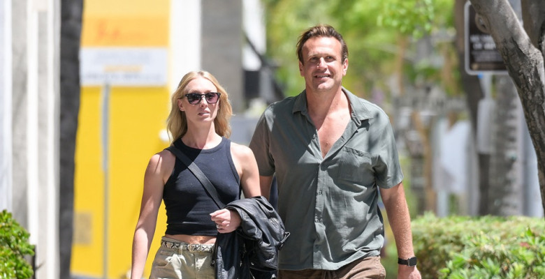 EXCLUSIVE: Newly engaged couple Jason Segel and Kayla Radomski are all smiles as they head to lunch in Beverly Hills