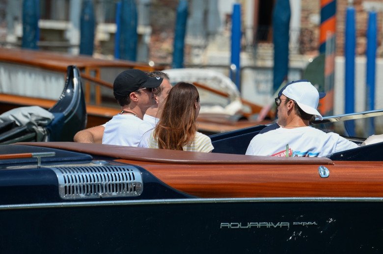 Orlando Bloom all smiles on Venice water taxi with Corey Gamble and Tom Brady during Bezos wedding celebrations