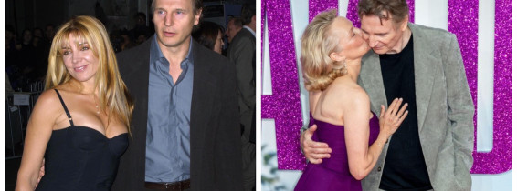 Liam Neeson și soția sa regretată, în 2001 versus Liam Neeson și Pamela Anderson