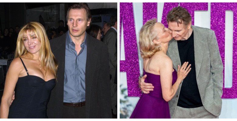 Liam Neeson și soția sa regretată, în 2001 versus Liam Neeson și Pamela Anderson
