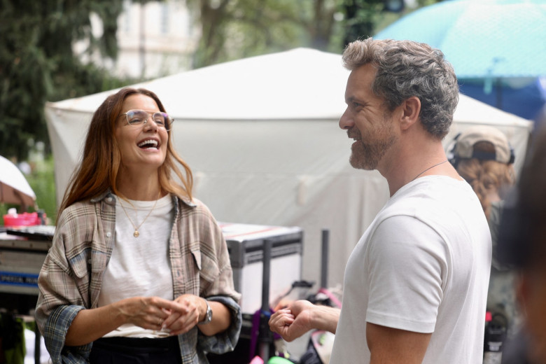 Katie Holmes , Joshua Jackson dance in between scenes filming “Happy Hours” which Holmes produced , Wrote, directs and stars in. Constance Wu also stars