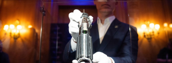Darth Vader's hero duelling lightsaber (estimate £746,270 - £2,238,800) on display at The Dorcester in London ahead of an auction in Los Angeles in September 2025. Picture date: Wednesday August 6, 2025.