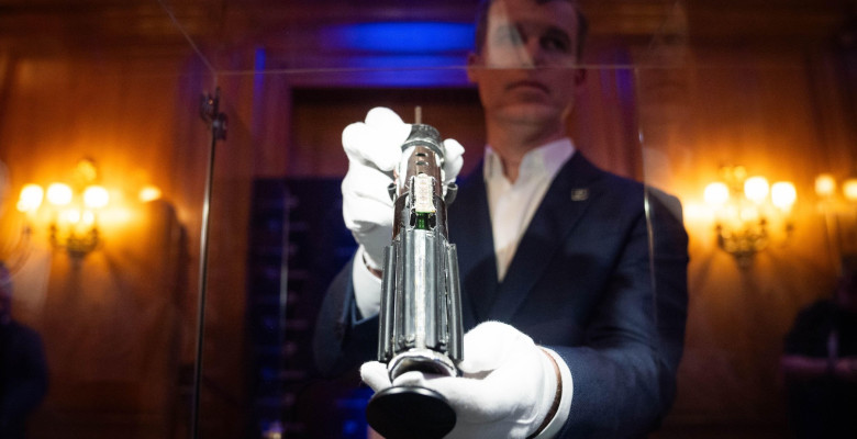 Darth Vader's hero duelling lightsaber (estimate £746,270 - £2,238,800) on display at The Dorcester in London ahead of an auction in Los Angeles in September 2025. Picture date: Wednesday August 6, 2025.