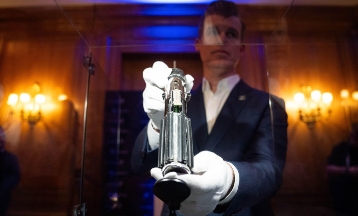 Darth Vader's hero duelling lightsaber (estimate £746,270 - £2,238,800) on display at The Dorcester in London ahead of an auction in Los Angeles in September 2025. Picture date: Wednesday August 6, 2025.