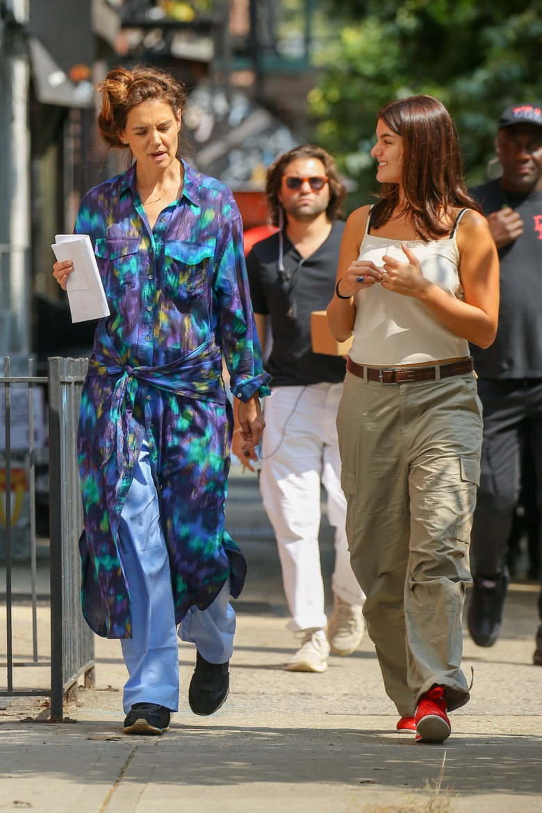 Katie Holmes and Suri Cruise seen walking to the set of Happy Hour in New York City