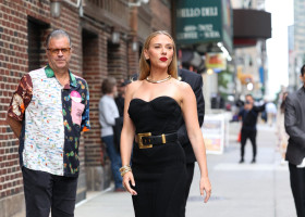 Scarlett Johansson At &apos;The Late Show With Stephen Colbert&apos; Show Studios