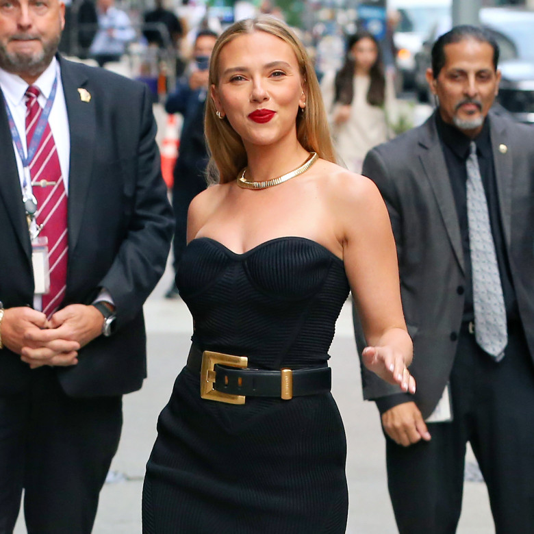 Scarlet Johansson stuns in black dress at Late Night with Stephen Colbert in New York City