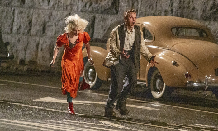 Christian Bale and Jessie Buckley monster kiss in full Frankenstein make up and costume on the set of 'The Bride'