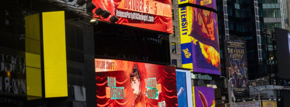 Electronic billboards in Times Square announce the official release party of Taylor Swift's new album "The Life of a Showgirl", 2025, New York City