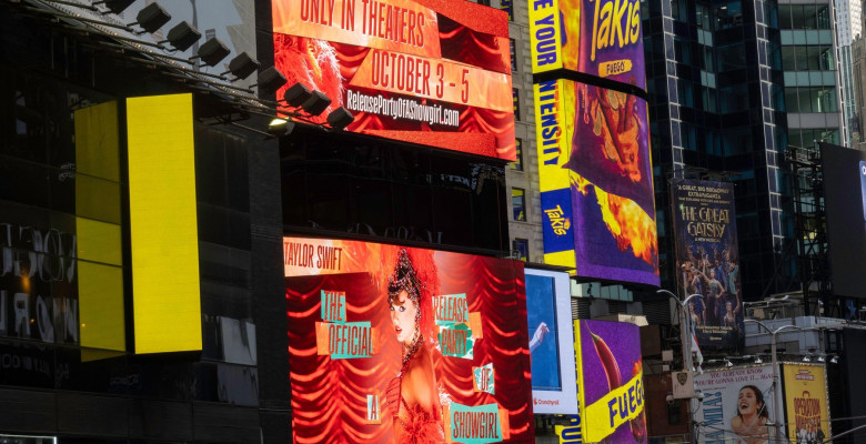 Electronic billboards in Times Square announce the official release party of Taylor Swift's new album "The Life of a Showgirl", 2025, New York City