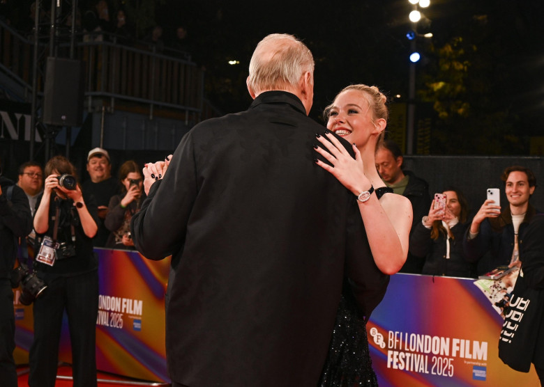 Elle Fanning and Stellan Skarsgård attends "Sentimental Value" Premiere during the BFI London Film Festival, at the Southbank Centre, Royal Festival Hall in London, England. UK. Sunday 12th October 2025