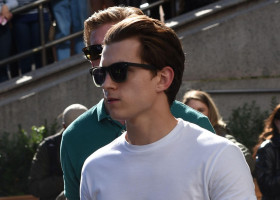 Tom Holland seen on set filming &apos;Spider-Man: Far From Home&apos; on October 12, 2018 in New York City